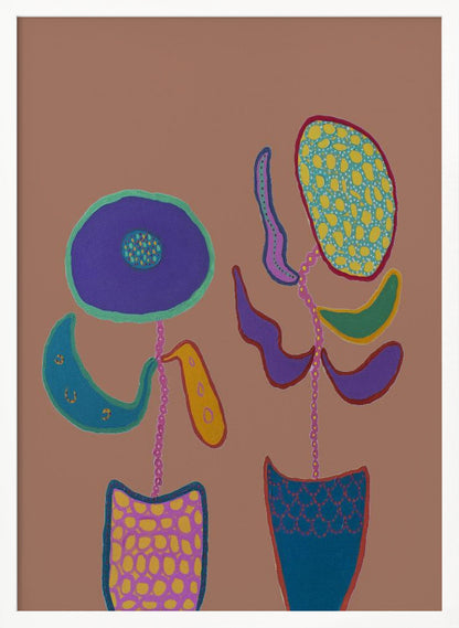 A whimsical, naive-style painting of two brightly colored, abstract flowers in patterned pots against a solid muted brown background, framed in black. Print