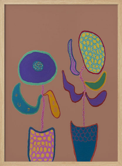 A whimsical, naive-style painting of two brightly colored, abstract flowers in patterned pots against a solid muted brown background, framed in black. Print