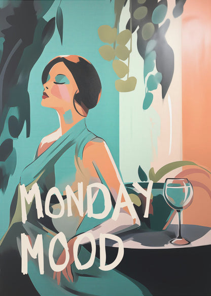 A stylized illustration of a woman with short black hair and a teal dress, relaxing with her eyes closed. Next to her is a glass of wine on a table, surrounded by plants. The words 'MONDAY MOOD' are written in a large, white, brush-stroke font across the bottom. Poster