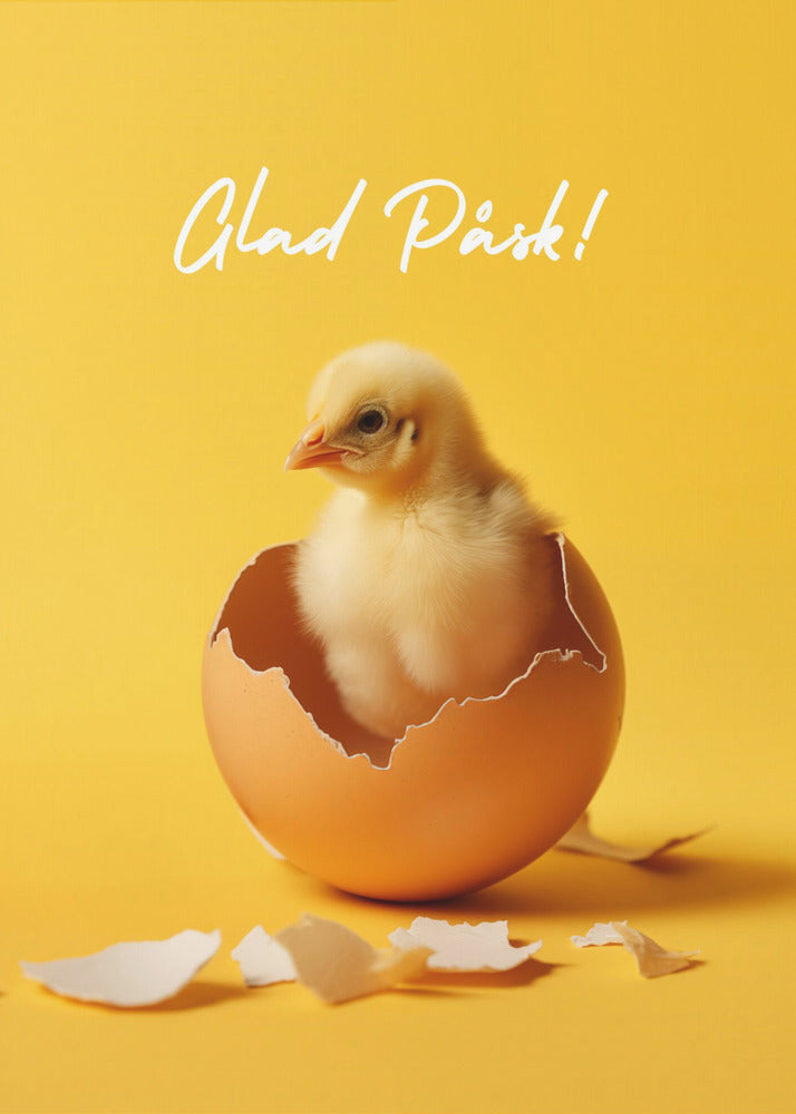A poster with a bright yellow background featuring a cute, fluffy yellow chick that has just hatched from a brown egg. Above the chick, the text 'Glad Påsk!' is written in a white cursive script. The poster is shown within a black frame. Poster