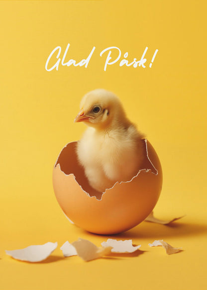 A poster with a bright yellow background featuring a cute, fluffy yellow chick that has just hatched from a brown egg. Above the chick, the text 'Glad Påsk!' is written in a white cursive script. The poster is shown within a black frame. Poster