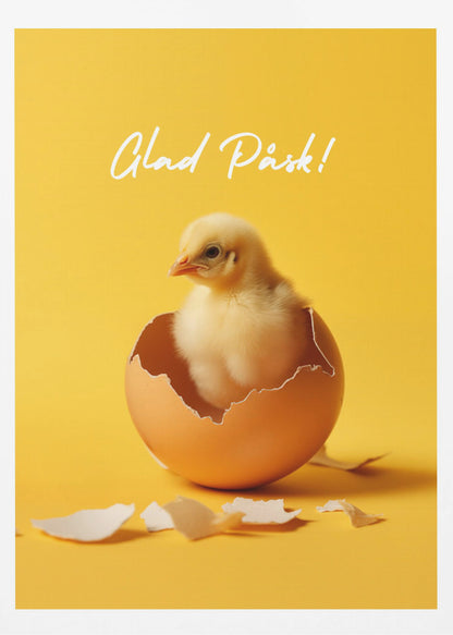 A poster with a bright yellow background featuring a cute, fluffy yellow chick that has just hatched from a brown egg. Above the chick, the text 'Glad Påsk!' is written in a white cursive script. The poster is shown within a black frame. Poster