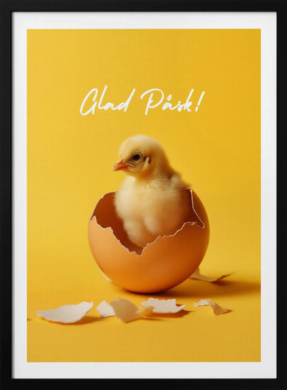 A poster with a bright yellow background featuring a cute, fluffy yellow chick that has just hatched from a brown egg. Above the chick, the text 'Glad Påsk!' is written in a white cursive script. The poster is shown within a black frame. Poster