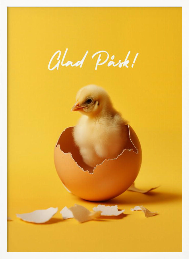 A poster with a bright yellow background featuring a cute, fluffy yellow chick that has just hatched from a brown egg. Above the chick, the text 'Glad Påsk!' is written in a white cursive script. The poster is shown within a black frame. Poster