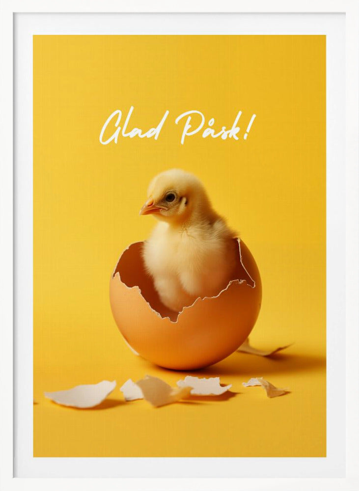 A poster with a bright yellow background featuring a cute, fluffy yellow chick that has just hatched from a brown egg. Above the chick, the text 'Glad Påsk!' is written in a white cursive script. The poster is shown within a black frame. Poster