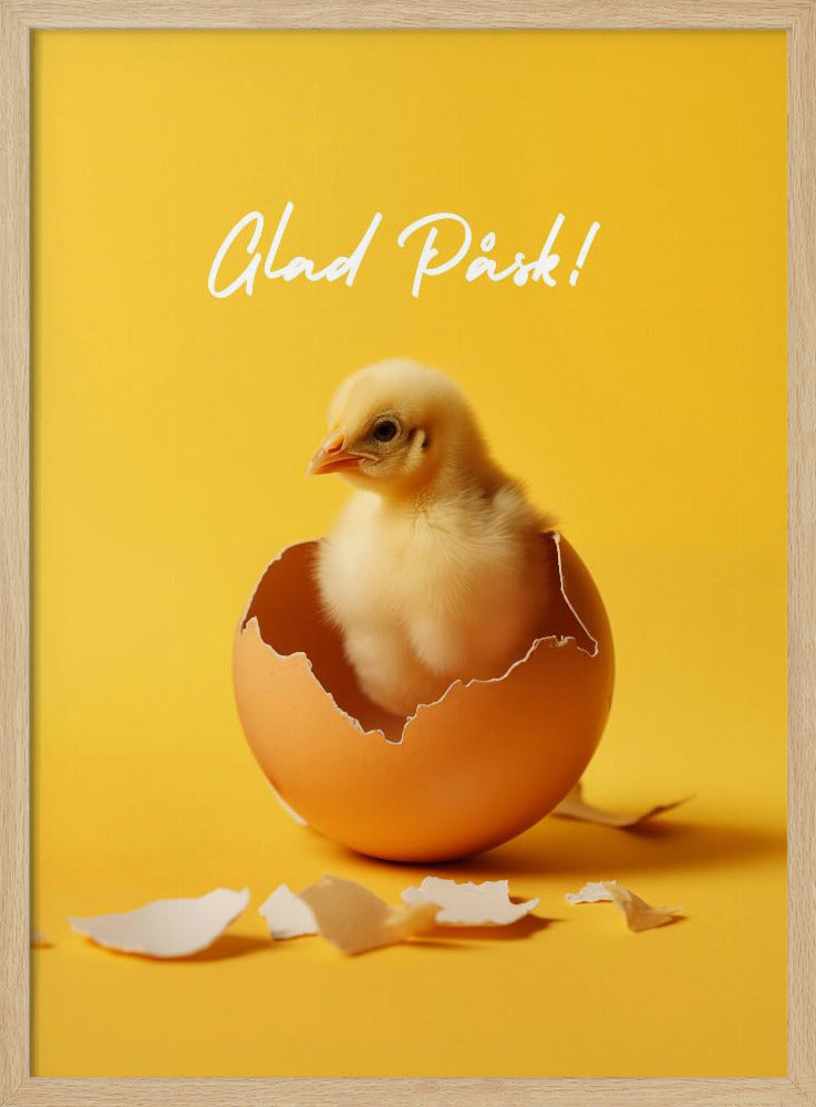 A poster with a bright yellow background featuring a cute, fluffy yellow chick that has just hatched from a brown egg. Above the chick, the text 'Glad Påsk!' is written in a white cursive script. The poster is shown within a black frame. Poster