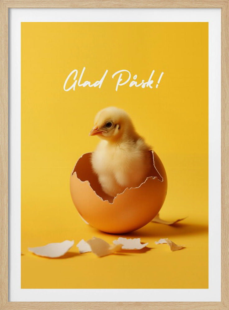 A poster with a bright yellow background featuring a cute, fluffy yellow chick that has just hatched from a brown egg. Above the chick, the text 'Glad Påsk!' is written in a white cursive script. The poster is shown within a black frame. Poster