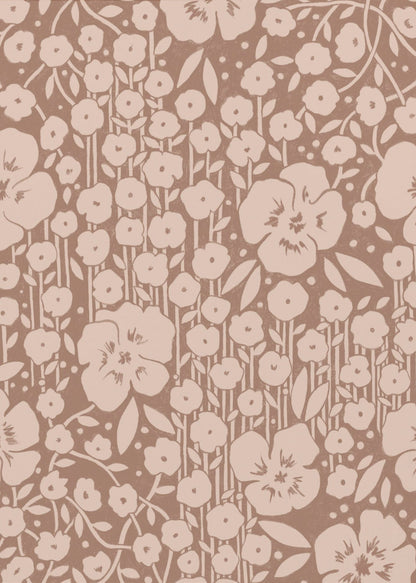 A framed artwork showing a dense, two-toned floral pattern. Light beige stylized flowers and stems are set against a darker brown background, creating a vintage wallpaper effect. Artwork