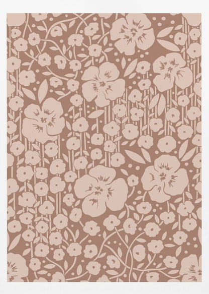 A framed artwork showing a dense, two-toned floral pattern. Light beige stylized flowers and stems are set against a darker brown background, creating a vintage wallpaper effect. Artwork