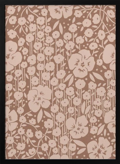 A framed artwork showing a dense, two-toned floral pattern. Light beige stylized flowers and stems are set against a darker brown background, creating a vintage wallpaper effect. Artwork