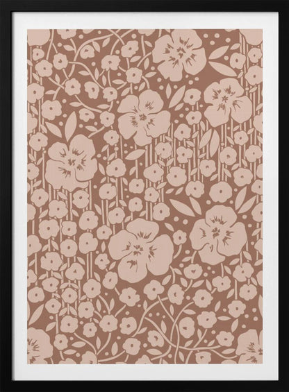 A framed artwork showing a dense, two-toned floral pattern. Light beige stylized flowers and stems are set against a darker brown background, creating a vintage wallpaper effect. Artwork