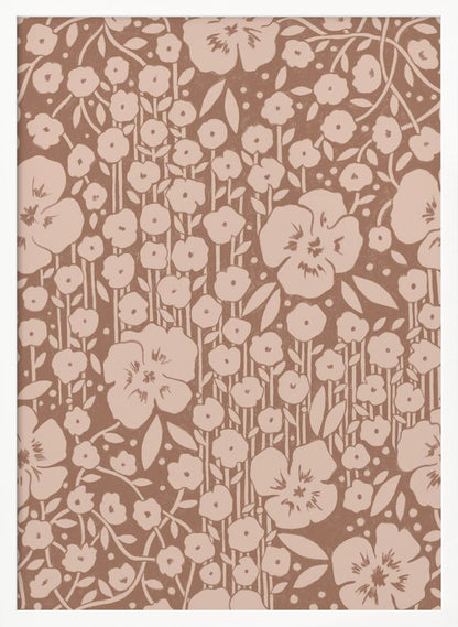 A framed artwork showing a dense, two-toned floral pattern. Light beige stylized flowers and stems are set against a darker brown background, creating a vintage wallpaper effect. Artwork