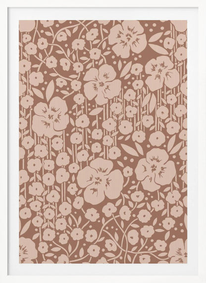 A framed artwork showing a dense, two-toned floral pattern. Light beige stylized flowers and stems are set against a darker brown background, creating a vintage wallpaper effect. Artwork