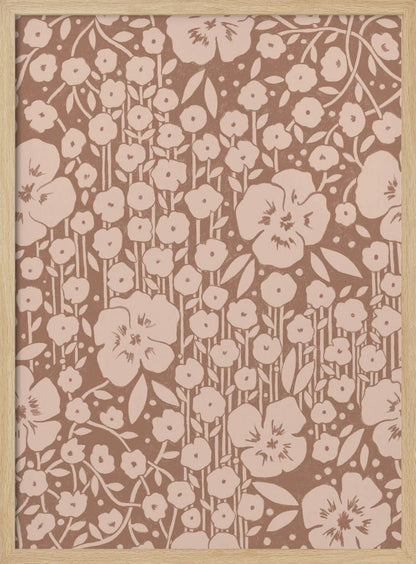 A framed artwork showing a dense, two-toned floral pattern. Light beige stylized flowers and stems are set against a darker brown background, creating a vintage wallpaper effect. Artwork