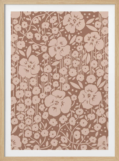 A framed artwork showing a dense, two-toned floral pattern. Light beige stylized flowers and stems are set against a darker brown background, creating a vintage wallpaper effect. Artwork