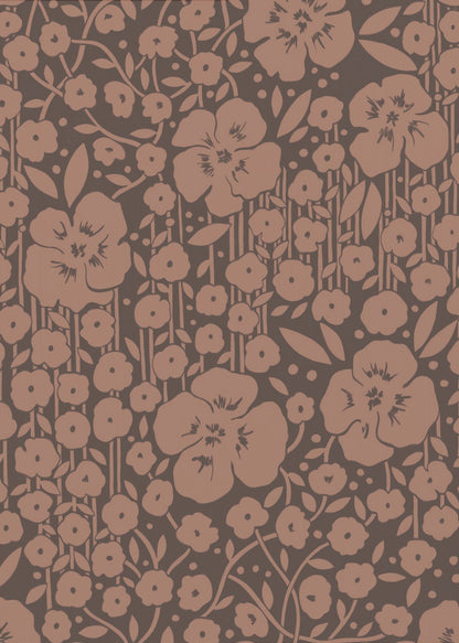 A framed art print featuring a monochromatic vintage floral pattern. Stylized light brown flowers, leaves, and vines are densely arranged on a dark brown background with faint vertical stripes. Print