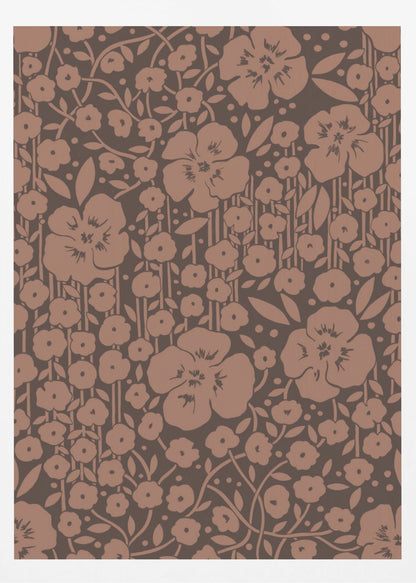 A framed art print featuring a monochromatic vintage floral pattern. Stylized light brown flowers, leaves, and vines are densely arranged on a dark brown background with faint vertical stripes. Print