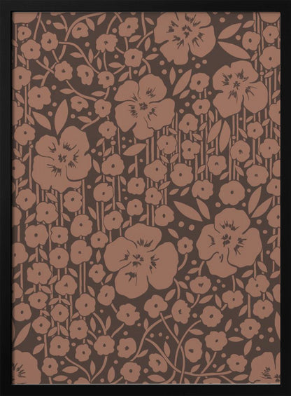 A framed art print featuring a monochromatic vintage floral pattern. Stylized light brown flowers, leaves, and vines are densely arranged on a dark brown background with faint vertical stripes. Print