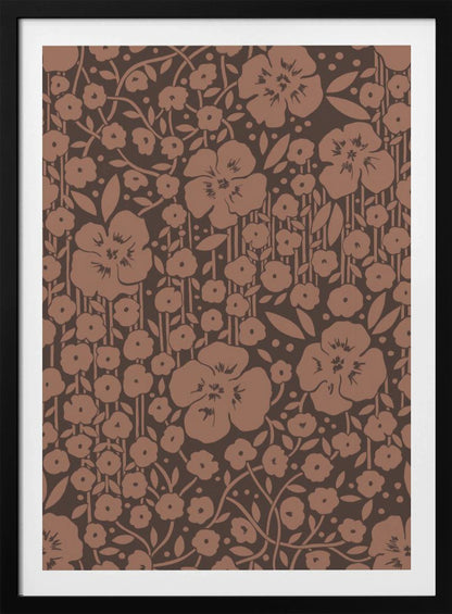 A framed art print featuring a monochromatic vintage floral pattern. Stylized light brown flowers, leaves, and vines are densely arranged on a dark brown background with faint vertical stripes. Print