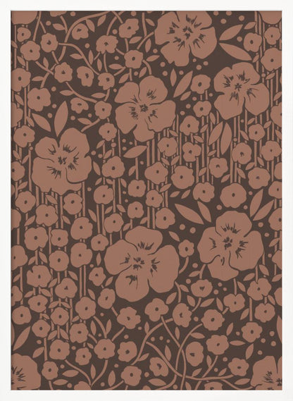 A framed art print featuring a monochromatic vintage floral pattern. Stylized light brown flowers, leaves, and vines are densely arranged on a dark brown background with faint vertical stripes. Print