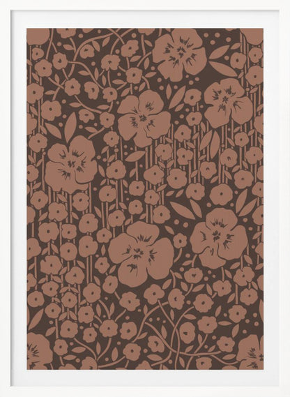 A framed art print featuring a monochromatic vintage floral pattern. Stylized light brown flowers, leaves, and vines are densely arranged on a dark brown background with faint vertical stripes. Print