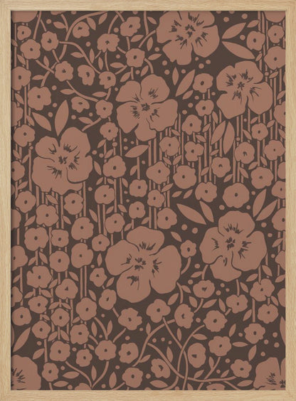 A framed art print featuring a monochromatic vintage floral pattern. Stylized light brown flowers, leaves, and vines are densely arranged on a dark brown background with faint vertical stripes. Print