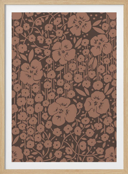 A framed art print featuring a monochromatic vintage floral pattern. Stylized light brown flowers, leaves, and vines are densely arranged on a dark brown background with faint vertical stripes. Print