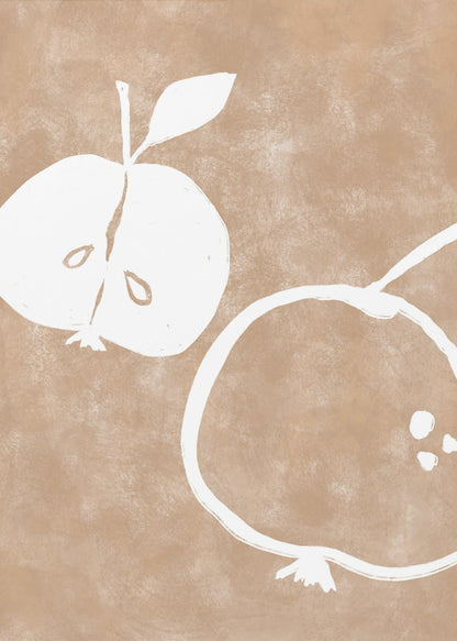 A minimalist artwork in a black frame featuring two stylized white apples on a textured light brown background. One apple is cut in half showing its seeds, and the other is a simple outline of a whole apple. Decor