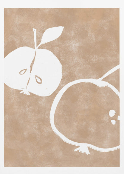A minimalist artwork in a black frame featuring two stylized white apples on a textured light brown background. One apple is cut in half showing its seeds, and the other is a simple outline of a whole apple. Decor