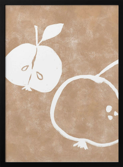 A minimalist artwork in a black frame featuring two stylized white apples on a textured light brown background. One apple is cut in half showing its seeds, and the other is a simple outline of a whole apple. Decor