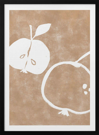 A minimalist artwork in a black frame featuring two stylized white apples on a textured light brown background. One apple is cut in half showing its seeds, and the other is a simple outline of a whole apple. Decor