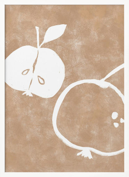 A minimalist artwork in a black frame featuring two stylized white apples on a textured light brown background. One apple is cut in half showing its seeds, and the other is a simple outline of a whole apple. Decor