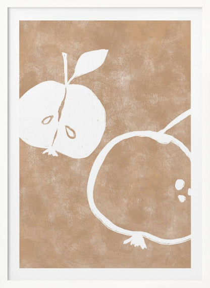 A minimalist artwork in a black frame featuring two stylized white apples on a textured light brown background. One apple is cut in half showing its seeds, and the other is a simple outline of a whole apple. Decor