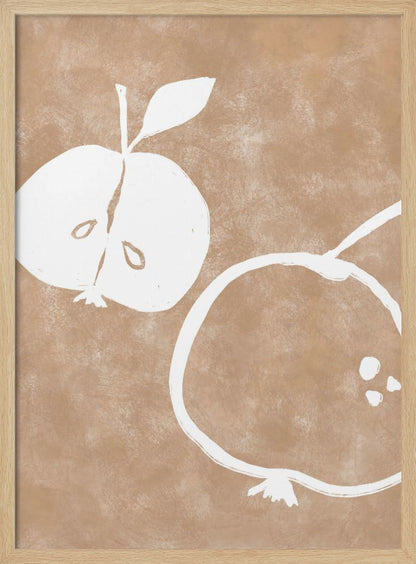 A minimalist artwork in a black frame featuring two stylized white apples on a textured light brown background. One apple is cut in half showing its seeds, and the other is a simple outline of a whole apple. Decor