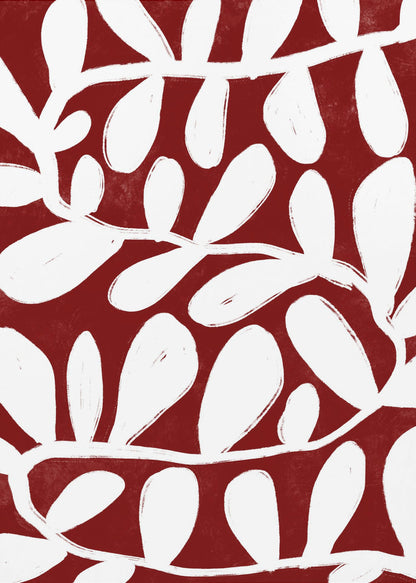 A framed abstract botanical artwork featuring a bold pattern of white, painterly vines and leaves set against a deep, textured crimson red background. Print