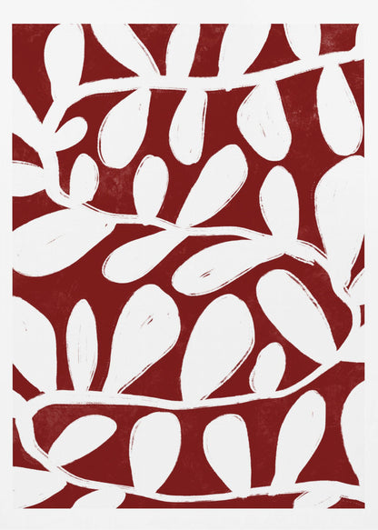 A framed abstract botanical artwork featuring a bold pattern of white, painterly vines and leaves set against a deep, textured crimson red background. Print