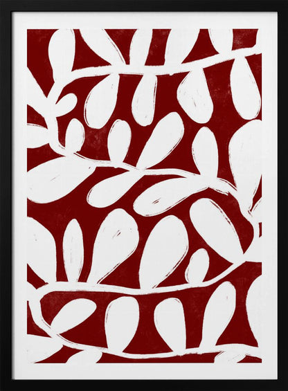 A framed abstract botanical artwork featuring a bold pattern of white, painterly vines and leaves set against a deep, textured crimson red background. Print