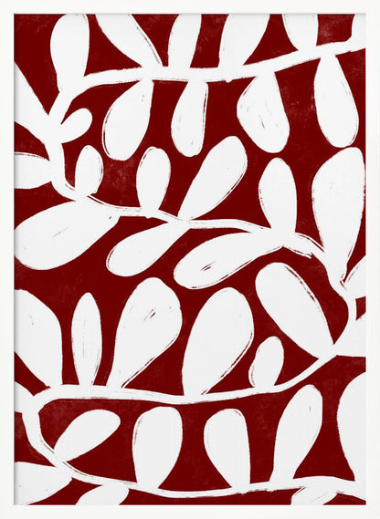 A framed abstract botanical artwork featuring a bold pattern of white, painterly vines and leaves set against a deep, textured crimson red background. Print