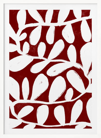 A framed abstract botanical artwork featuring a bold pattern of white, painterly vines and leaves set against a deep, textured crimson red background. Print