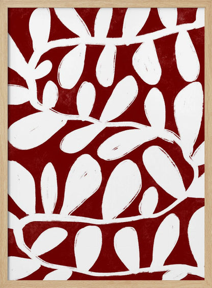 A framed abstract botanical artwork featuring a bold pattern of white, painterly vines and leaves set against a deep, textured crimson red background. Print