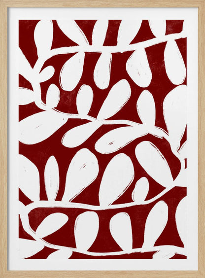 A framed abstract botanical artwork featuring a bold pattern of white, painterly vines and leaves set against a deep, textured crimson red background. Print