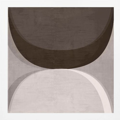 A square abstract artwork in a light wood frame, featuring two large, opposing curves. A dark brown arc dominates the top half, while a light gray and white arc fills the bottom half, creating a balanced, minimalist composition with a textured finish. Poster