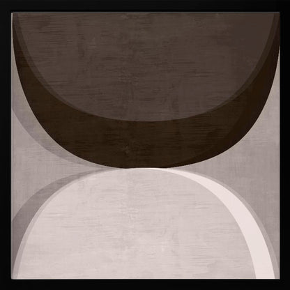 A square abstract artwork in a light wood frame, featuring two large, opposing curves. A dark brown arc dominates the top half, while a light gray and white arc fills the bottom half, creating a balanced, minimalist composition with a textured finish. Poster