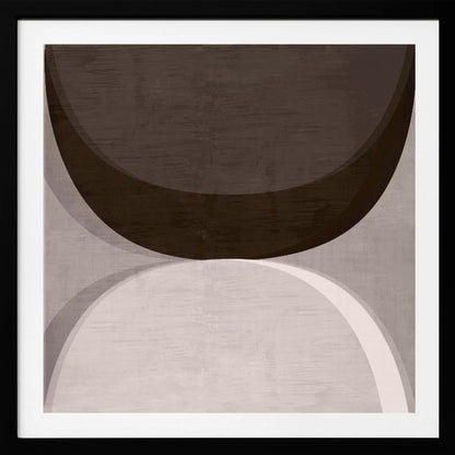 A square abstract artwork in a light wood frame, featuring two large, opposing curves. A dark brown arc dominates the top half, while a light gray and white arc fills the bottom half, creating a balanced, minimalist composition with a textured finish. Poster