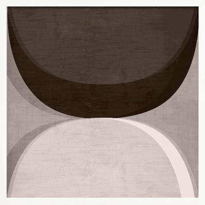 A square abstract artwork in a light wood frame, featuring two large, opposing curves. A dark brown arc dominates the top half, while a light gray and white arc fills the bottom half, creating a balanced, minimalist composition with a textured finish. Poster