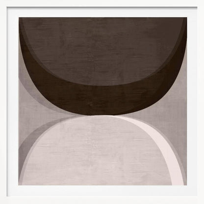 A square abstract artwork in a light wood frame, featuring two large, opposing curves. A dark brown arc dominates the top half, while a light gray and white arc fills the bottom half, creating a balanced, minimalist composition with a textured finish. Poster