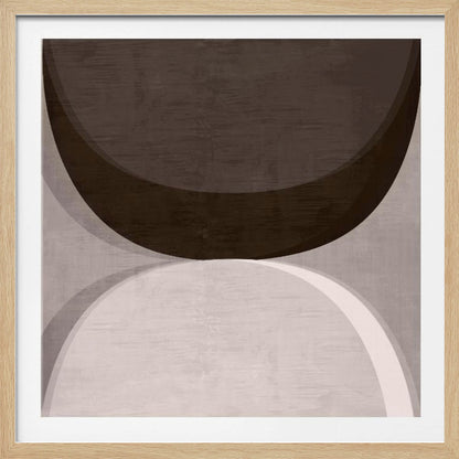 A square abstract artwork in a light wood frame, featuring two large, opposing curves. A dark brown arc dominates the top half, while a light gray and white arc fills the bottom half, creating a balanced, minimalist composition with a textured finish. Poster