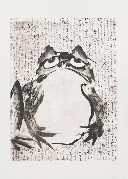 A traditional Japanese sumi-e ink wash painting of a large frog with a grumpy expression. The frog is rendered in bold black brushstrokes against an off-white paper background filled with Japanese calligraphy. The artwork is enclosed in a simple black frame. Poster