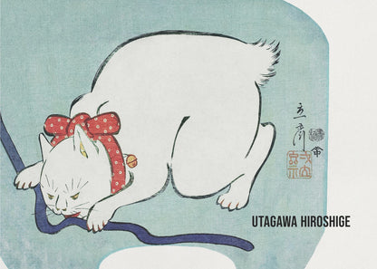 A Japanese woodblock print by Utagawa Hiroshige featuring a white cat with a fierce expression. The cat is wearing a red polka-dot collar with a large bow and a small bell, playfully biting a dark blue cord against a light blue background. Wall Art