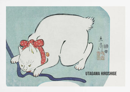 A Japanese woodblock print by Utagawa Hiroshige featuring a white cat with a fierce expression. The cat is wearing a red polka-dot collar with a large bow and a small bell, playfully biting a dark blue cord against a light blue background. Wall Art
